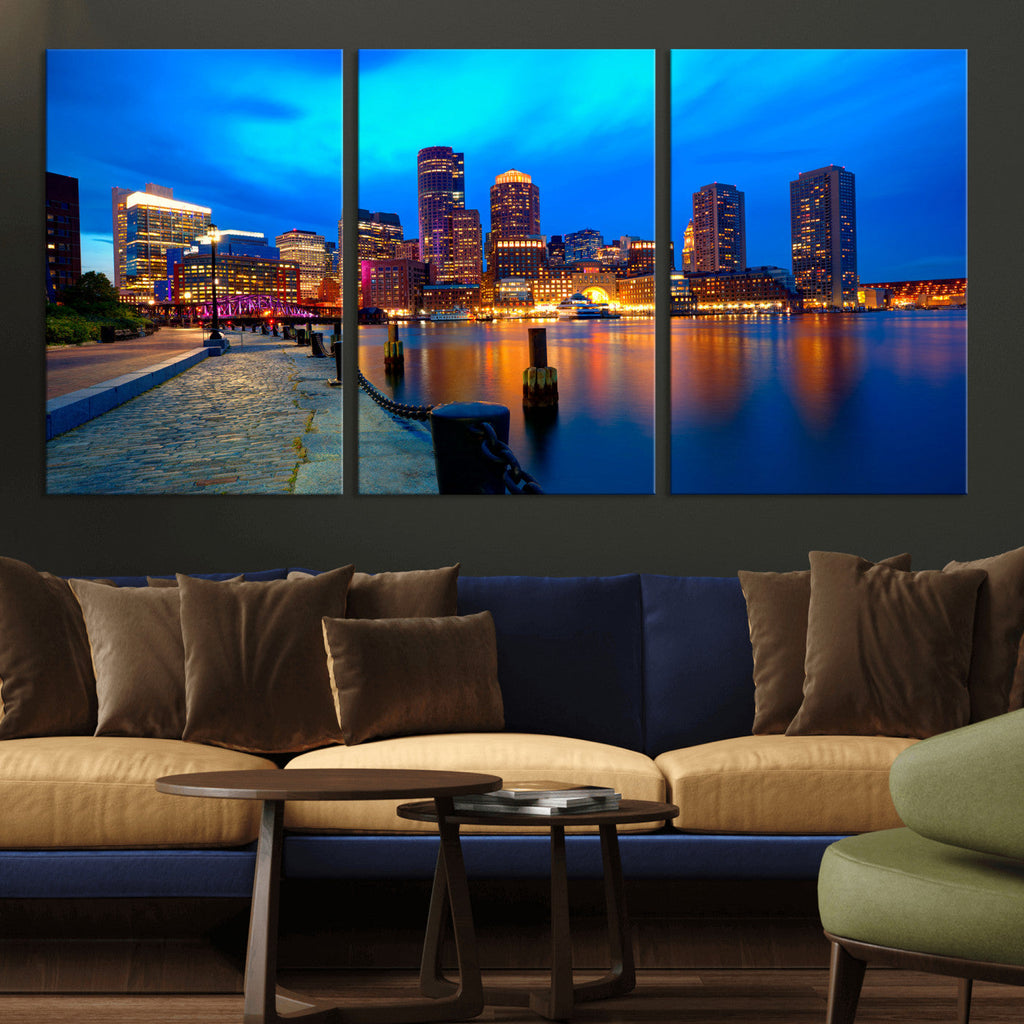 Boston Wall Art Canvas Print, Boston City Downtown Night Cityscape