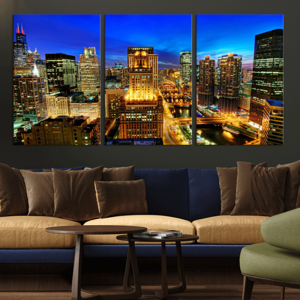 Chicago Wall Art Canvas Print - Chicago City Downtown Night Cityscape