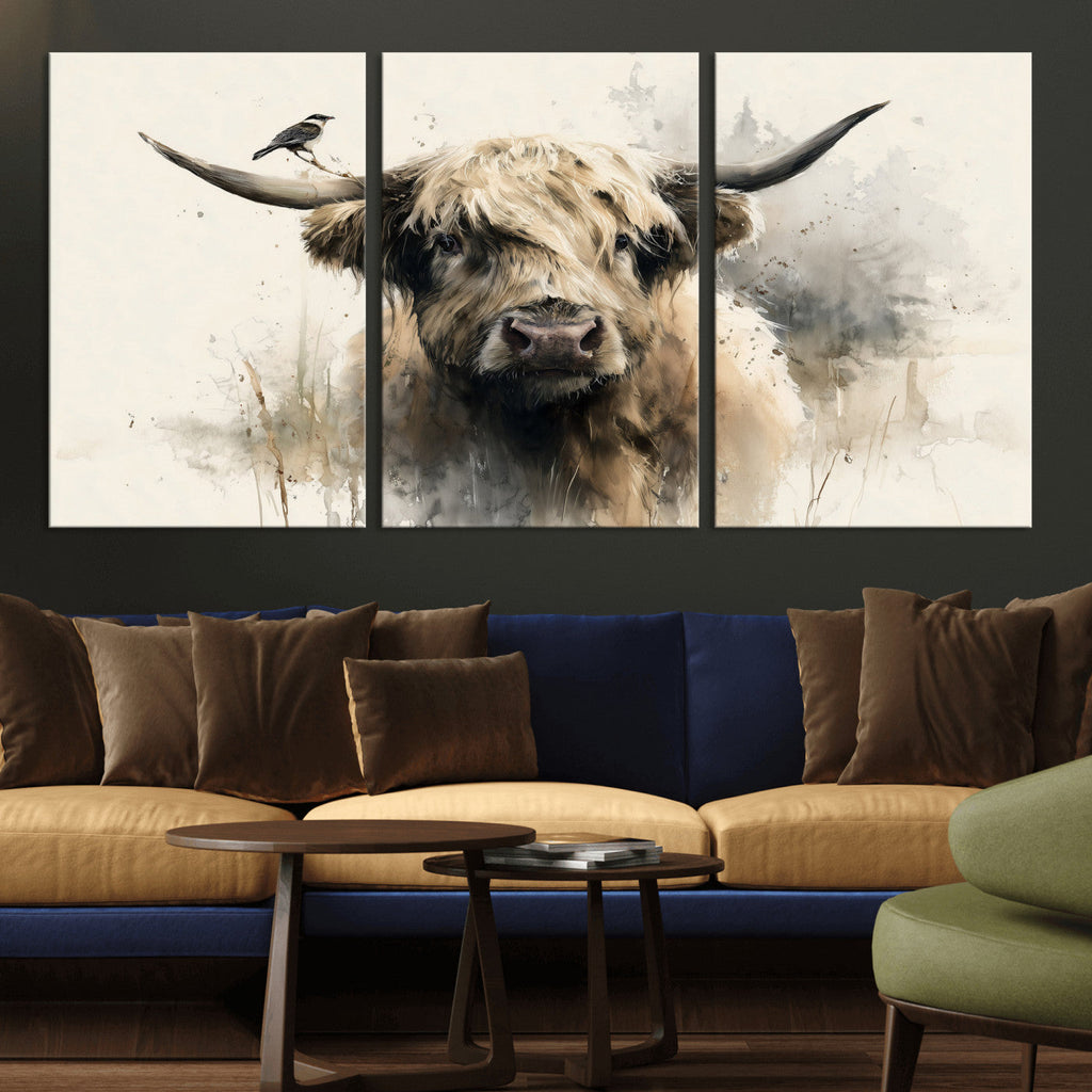 Abstract Highland Cow Wall Art Canvas Print, Rustic Farm Cattle Portrait