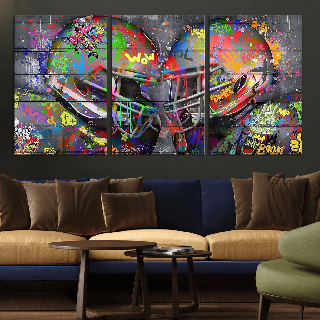 Graffiti Football Helmets Wall Art Canvas Print, Urban Street Art