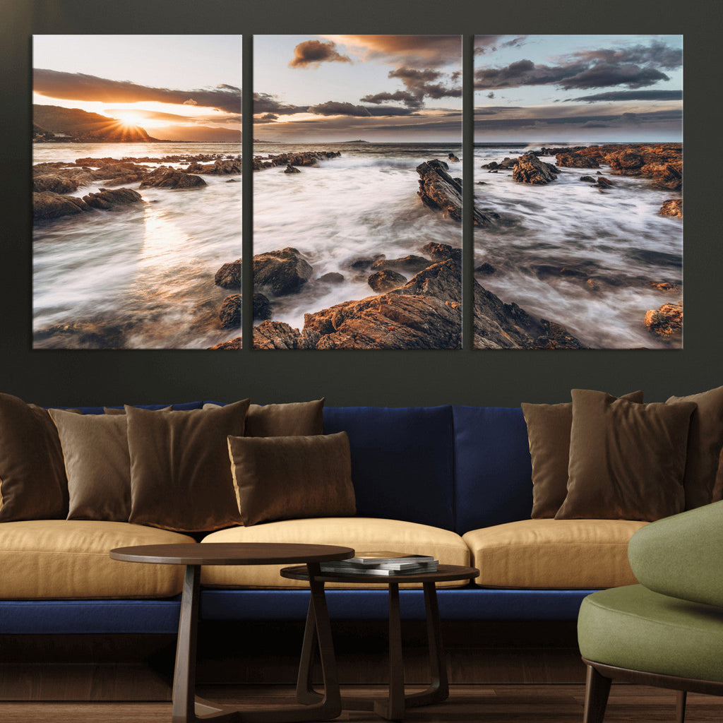 Rocky Coast Ocean Sunset Wall Art Canvas Print, Dramatic Seascape Nature Decor