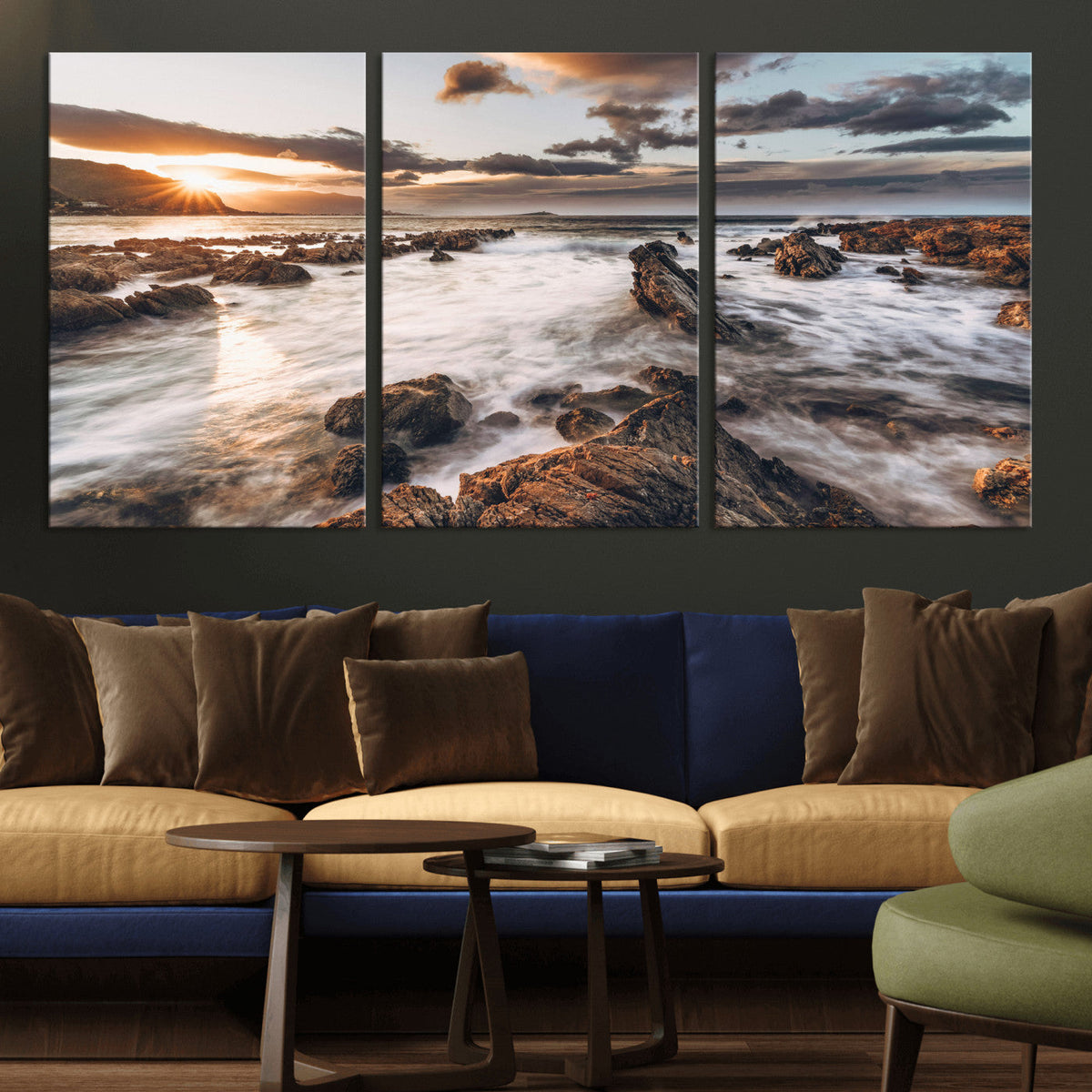 Rocky Coast Ocean Sunset Wall Art Canvas Print, Dramatic Seascape Nature Decor