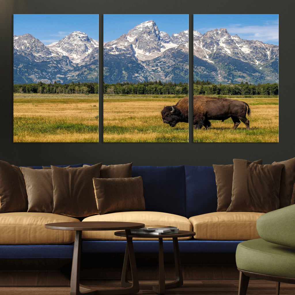 Bison in Mountain Landscape Wall Art Canvas Print, Western Decor