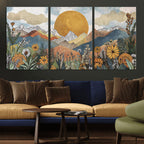 Boho Mountain Landscape Large Wall Art, Horizontal Gold Sun and Flowers Print