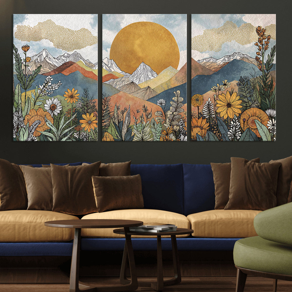 Boho Mountain Landscape Large Wall Art, Horizontal Gold Sun and Flowers Print