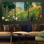 Gustav Klimt Boho Mountain Landscape Large Wall Art, Gold Sun and Flowers Print