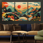 Yayoi Kusama Boho Mountain Landscape Large Wall Art, Gold Sun and Flowers Print