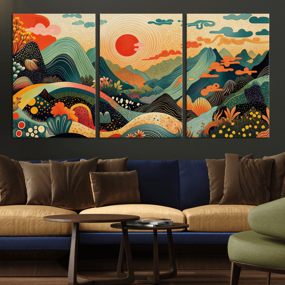 Yayoi Kusama Boho Mountain Landscape Large Wall Art, Gold Sun and Flowers Print