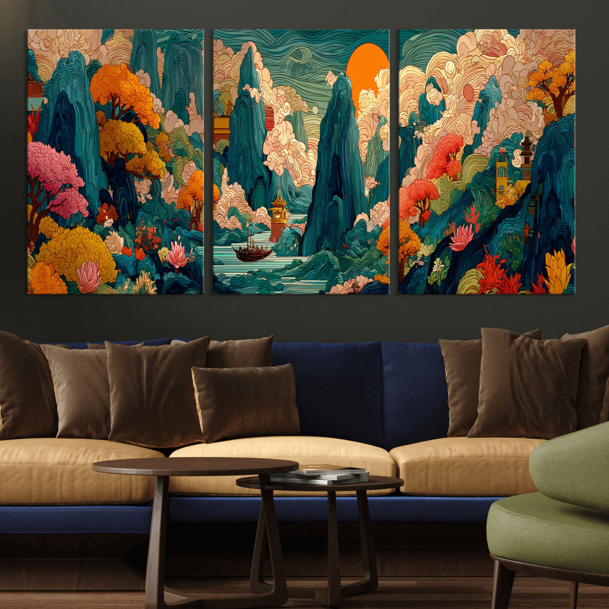 Colorful Japanese Landscape Print: Maximalist Panoramic Wall Art