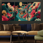 Colorful Japanese Landscape Print: Maximalist Panoramic Wall Art