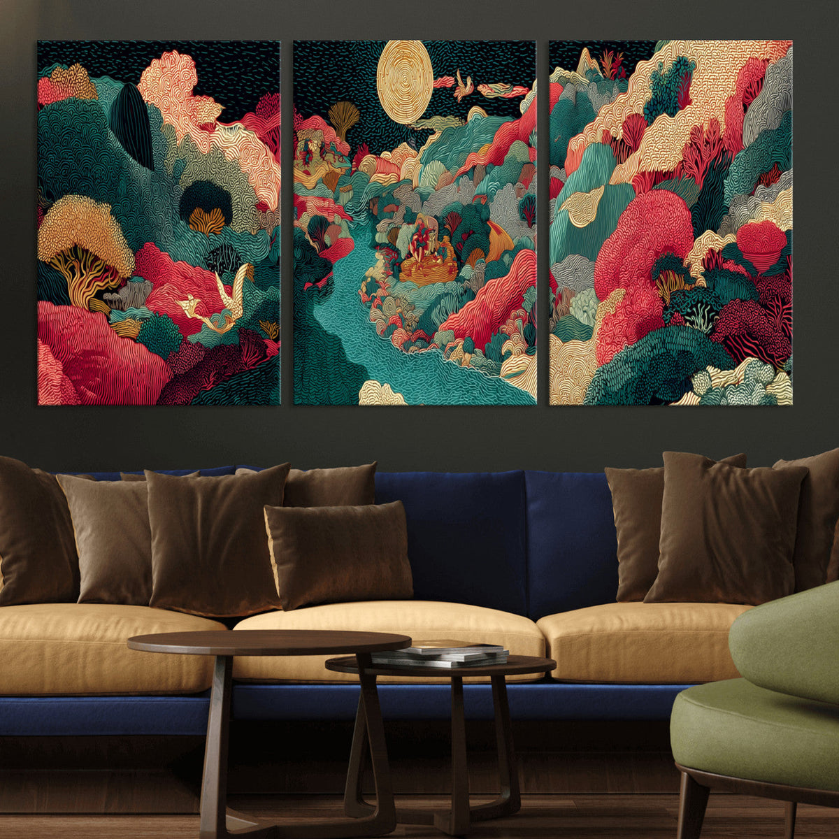 Colorful Japanese Landscape Print: Maximalist Panoramic Wall Art