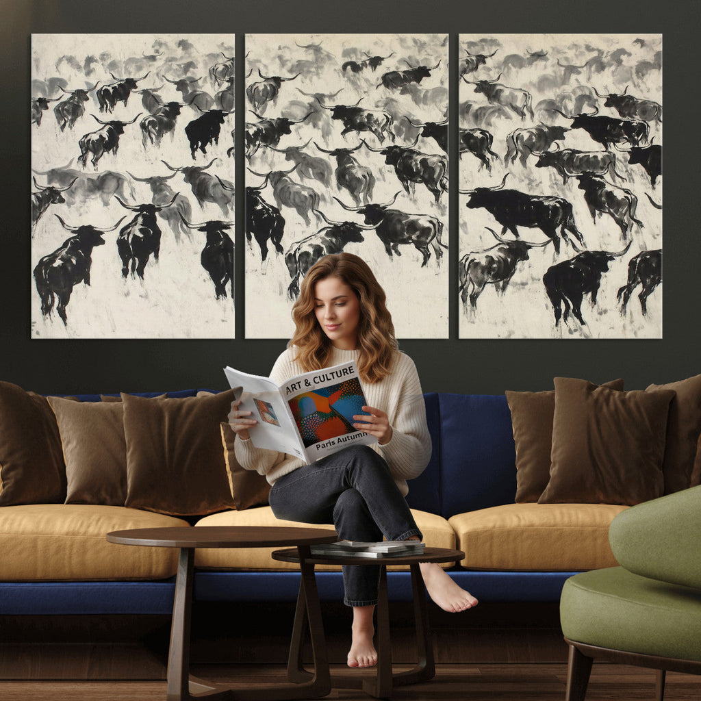 Longhorn Cattle Canvas Wall Art, Black White Stampede Ink