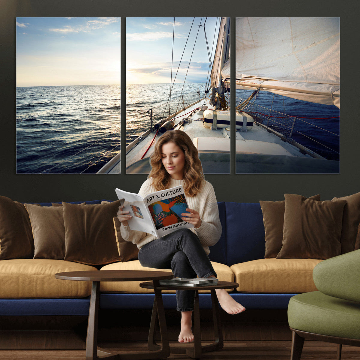 Sailboat Wall Art Canvas Print, Ocean Sunset Sailing Framed Artwork