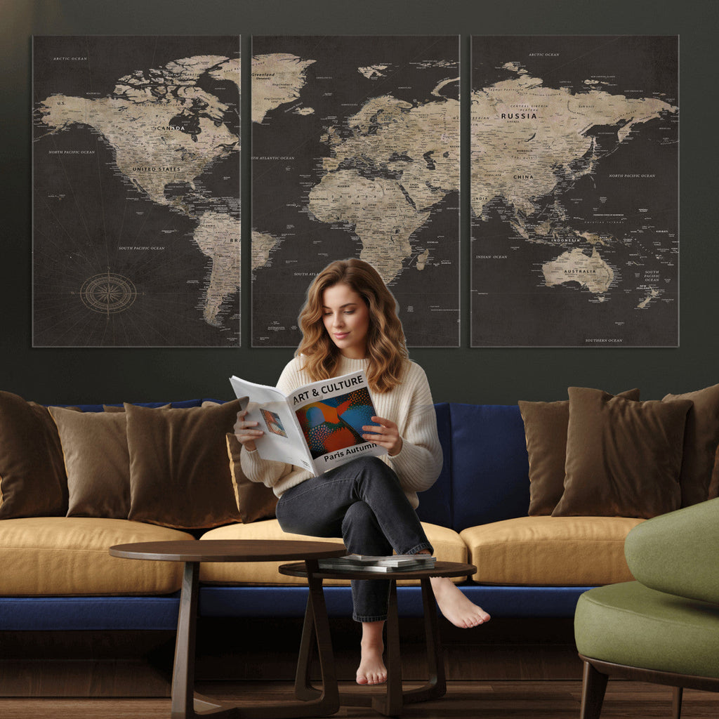 World Map Canvas Wall Art, Dark Charcoal and Antique Tan Detailed Map
