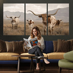 Rustic Texas Longhorn Cow Canvas Wall Art Print, Farm Animal Photography