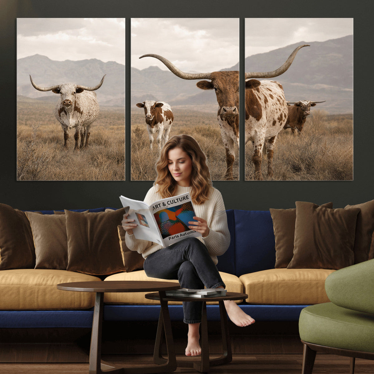 Rustic Texas Longhorn Cow Canvas Wall Art Print, Farm Animal Photography