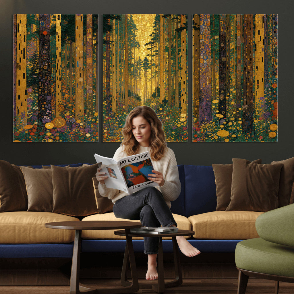 Gustav Klimt Style Forest Canvas Wall Art, Golden Forest Path Floral Art Nouveau Print