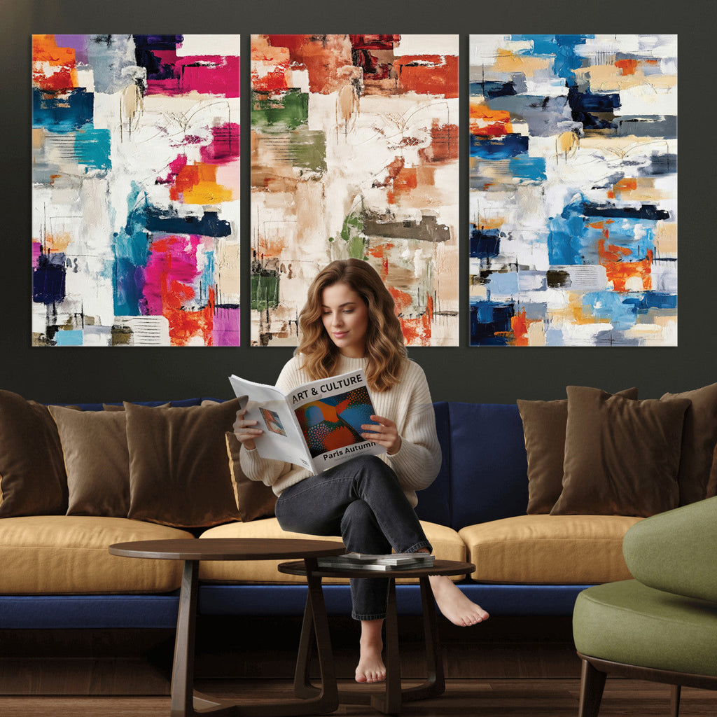 Blue Teal Abstract Canvas Wall Art, Modern Brushstroke Style Print, Navy Orange Contemporary Decor