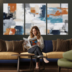 Blue Teal Abstract Canvas Wall Art, Modern Brushstroke Style Print, Navy Orange Contemporary Decor