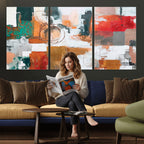 Blue Teal Abstract Canvas Wall Art, Modern Brushstroke Style Print, Navy Orange Contemporary Decor