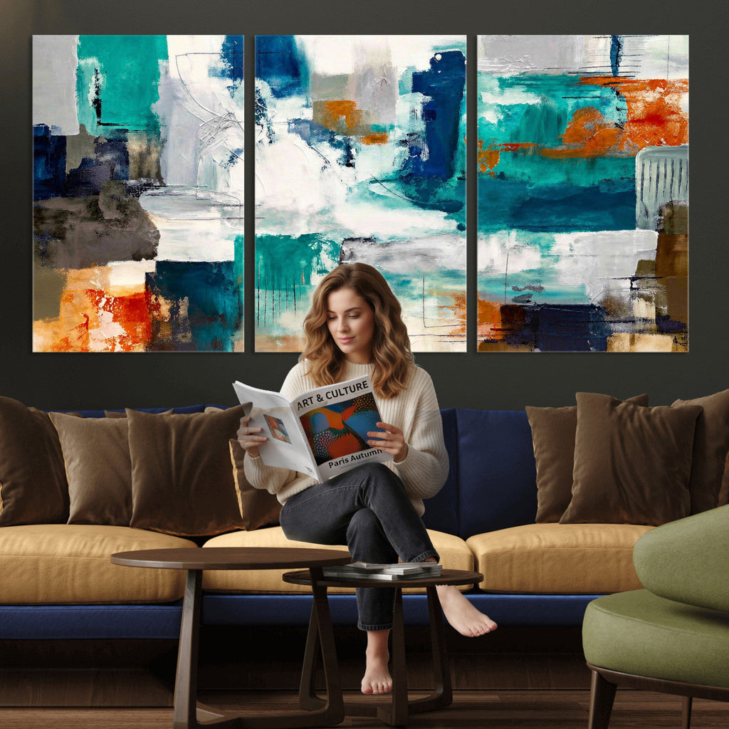 Blue Teal Abstract Canvas Wall Art, Modern Brushstroke Style Print, Navy Orange Contemporary Decor