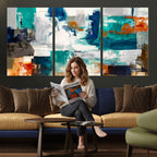 Blue Teal Abstract Canvas Wall Art, Modern Brushstroke Style Print, Navy Orange Contemporary Decor