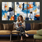 Blue Teal Abstract Canvas Wall Art, Modern Brushstroke Style Painting Print, Navy Orange Contemporary Decor
