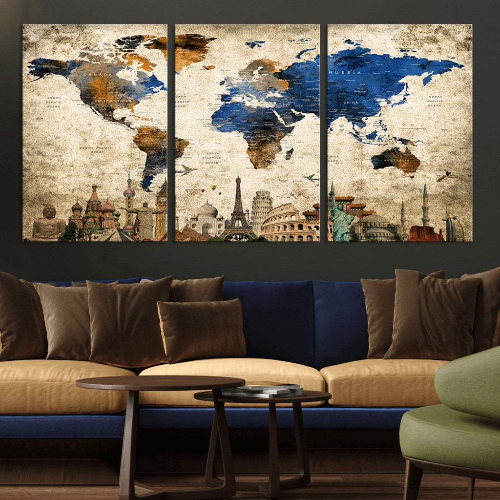 World Map Canvas Print | Vintage Blue and Gold World Map Wall Art
