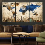 World Map Canvas Print | Vintage Blue and Gold World Map Wall Art