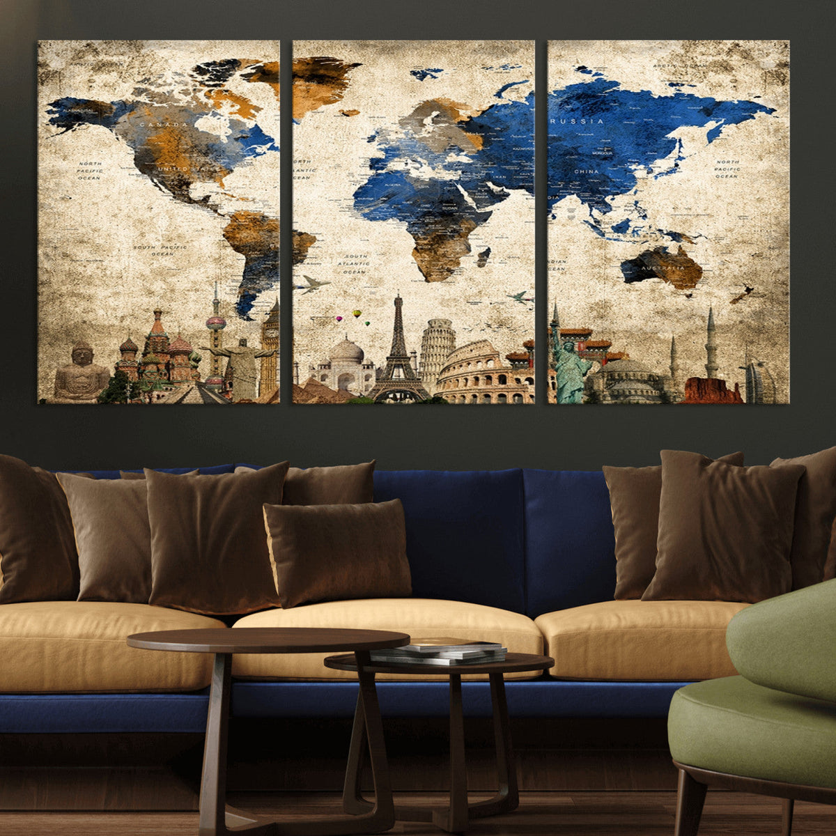World Map Canvas Print | Vintage Blue and Gold World Map Wall Art