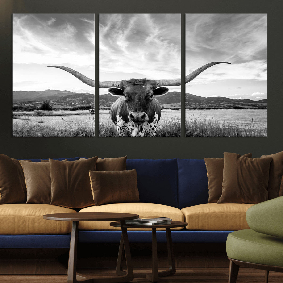 Longhorn Black and White Wall Art | Rustic Western Bull Canvas Print