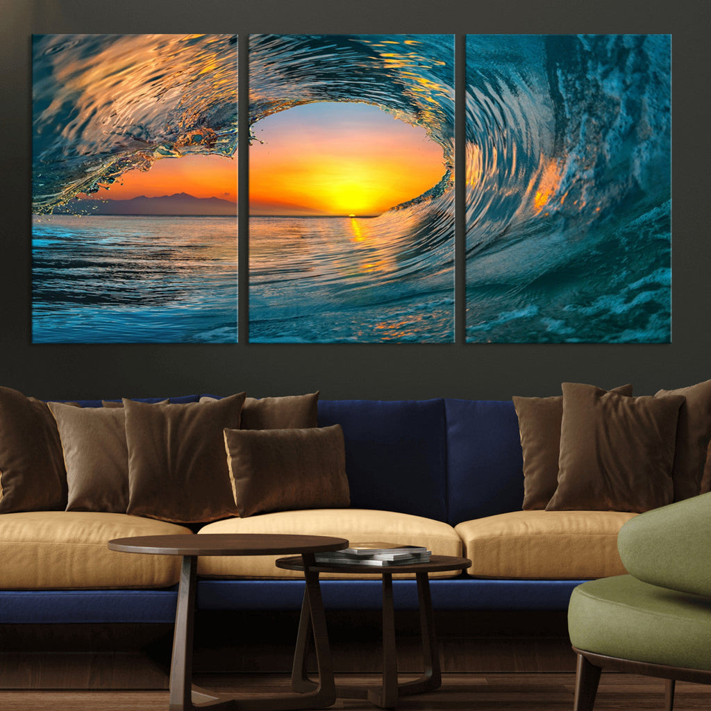 Ocean Wave Sunset Wall Art | Large Coastal Wave Canvas Print
