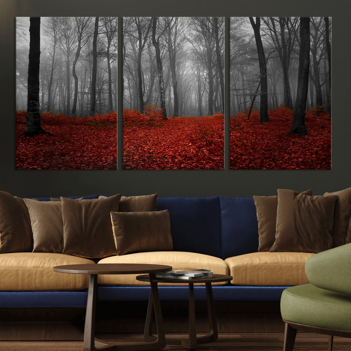 Red Forest Floor Canvas Wall Art | Mystical Foggy Woodland Triptych