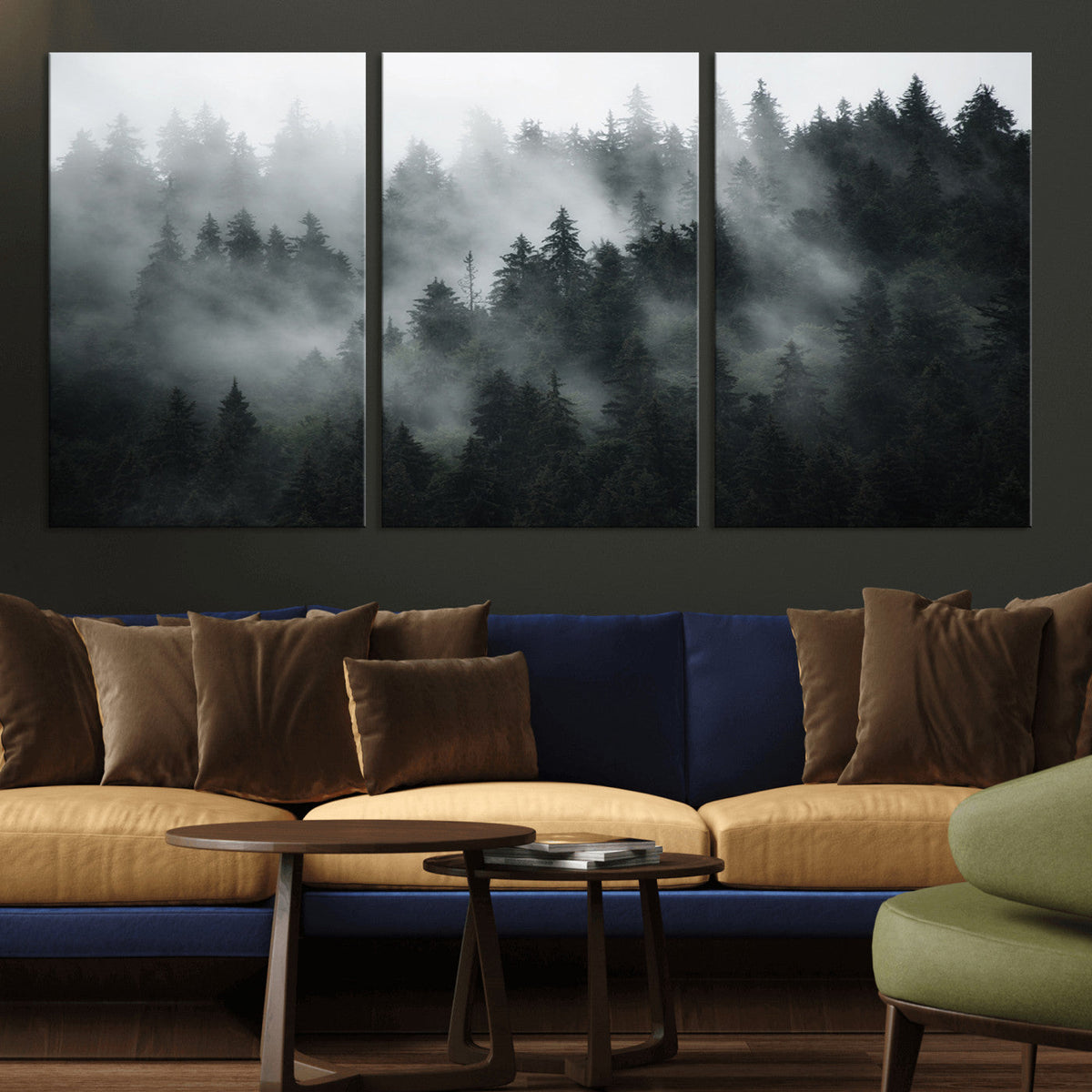 Foggy Forest Wall Art Canvas Print | 3 Panel Large Misty Landscape