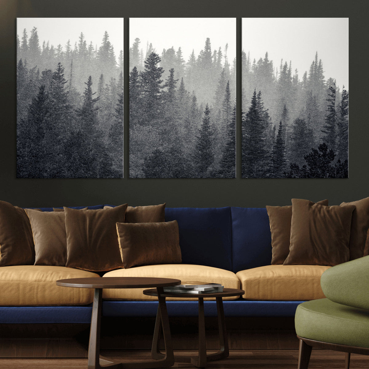Misty Forest Canvas Wall Art | Monochrome Triptych Pine Tree Print