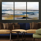 Abstract Landscape Wall Art Canvas | 3 Panel Modern Blue, Gold and White Canvas Art