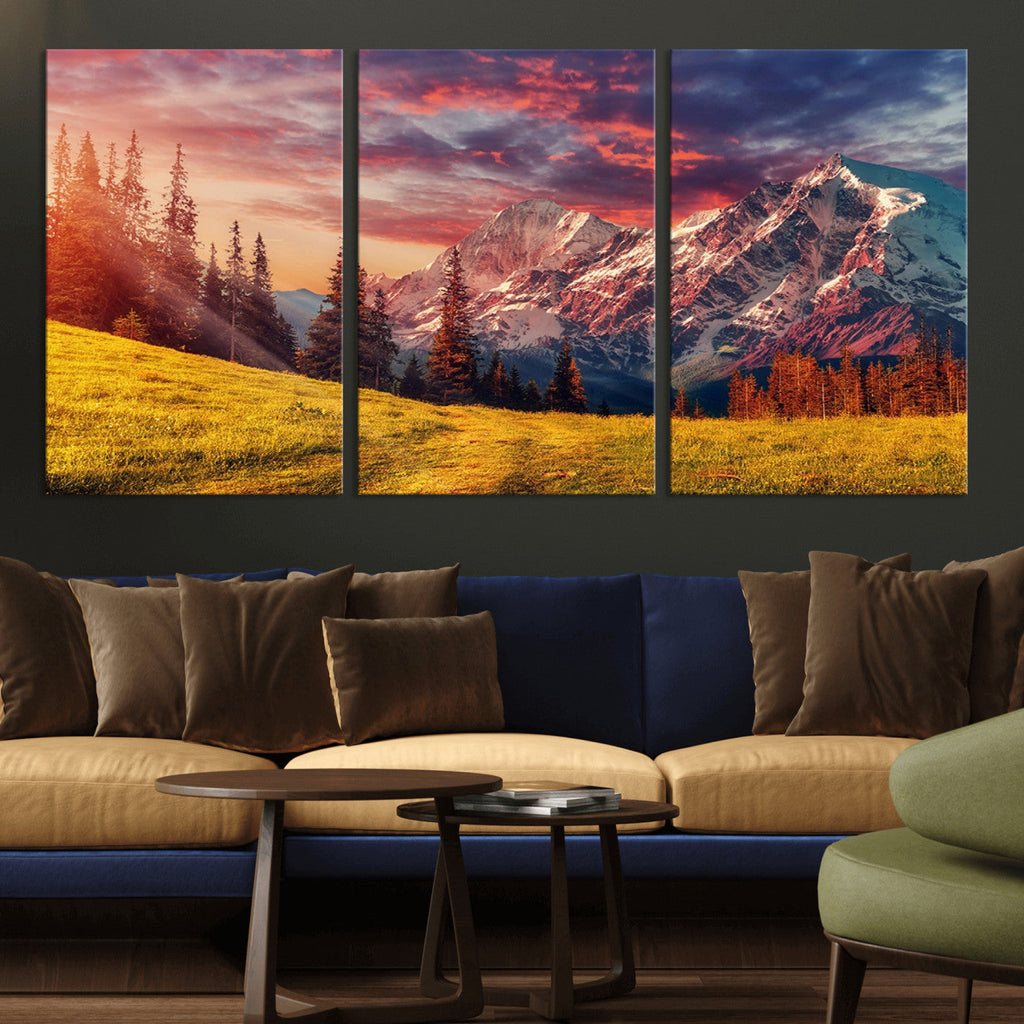 Mountain and Daylight Red Sunset Wall Art Canvas Print