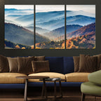 Misty Mountain Sunrise Triptych Canvas Print | Autumn Landscape Wall Art