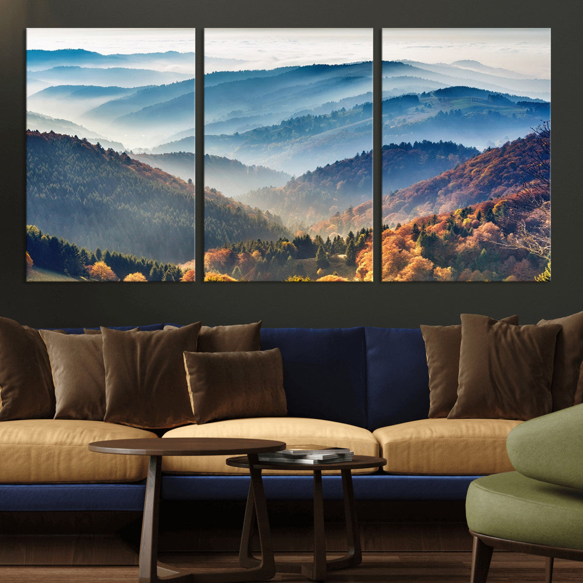 Misty Mountain Sunrise Triptych Canvas Print | Autumn Landscape Wall Art
