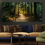Sunlit Forest Pathway Canvas Print | 3 Panel Large Nature Wall Art