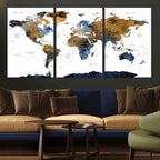 Modern Abstract World Map Canvas Wall Art | Framed Blue and Gold Map Print