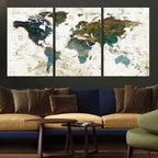 Vintage World Map Wall Art Canvas Print, Framed Rustic Earth Tone Map