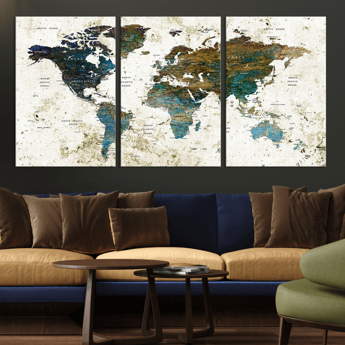 Vintage World Map Wall Art Canvas Print, Framed Rustic Earth Tone Map