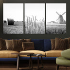 Vintage Farmhouse Black and White Triptych Wall Art, Giclee Canvas with Wheat Fields, Hay Bales and Windmill