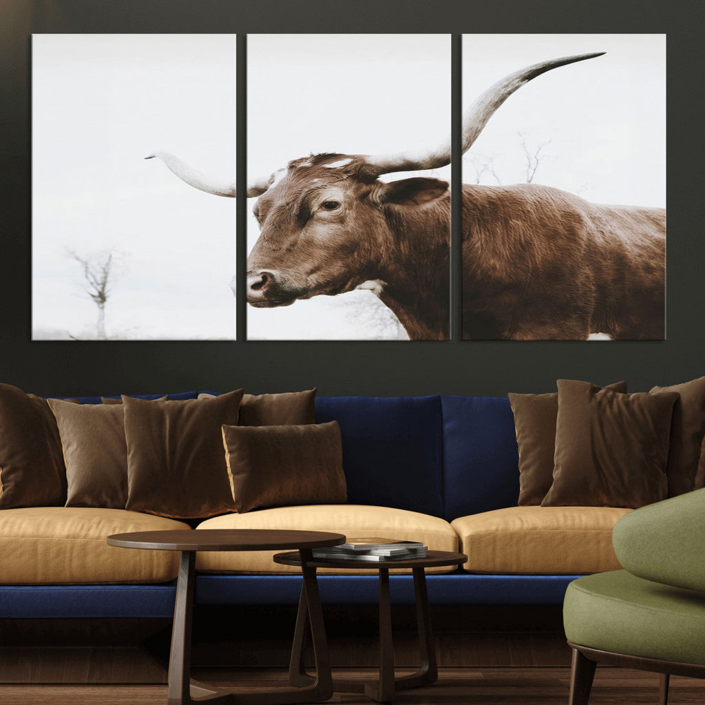 Rustic Bull Wall Art Canvas Print, Modern Longhorn Farmhouse Animal Decor