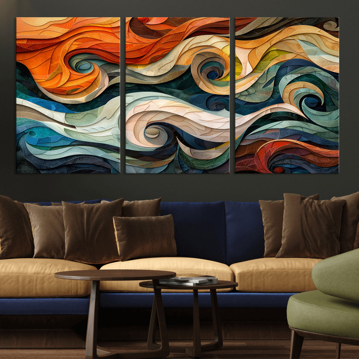 Abstract Wave Wall Art, Ready to Hang Framed Canvas Print | Extra Large 3 Piece Canvas Wall Art