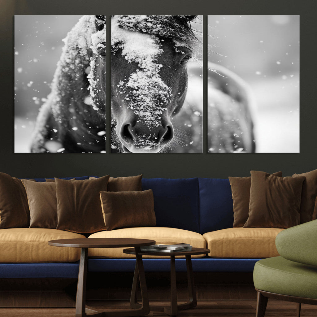 Black and White Horse Winter Wall Art, Ready to Hang