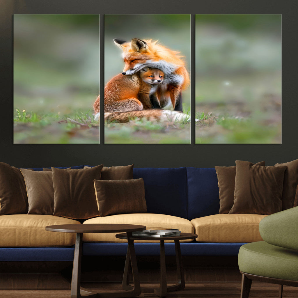 Heartwarming Fox and Baby Cub Wall Art | Canvas Print of Foxes in Nature