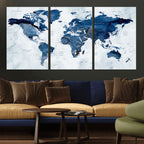 Modern Blue World Map Canvas Print | Elegant Travel Map Wall Art for Home Office