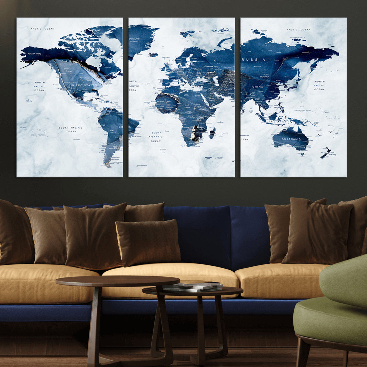 Modern Blue World Map Canvas Print | Elegant Travel Map Wall Art for Home Office